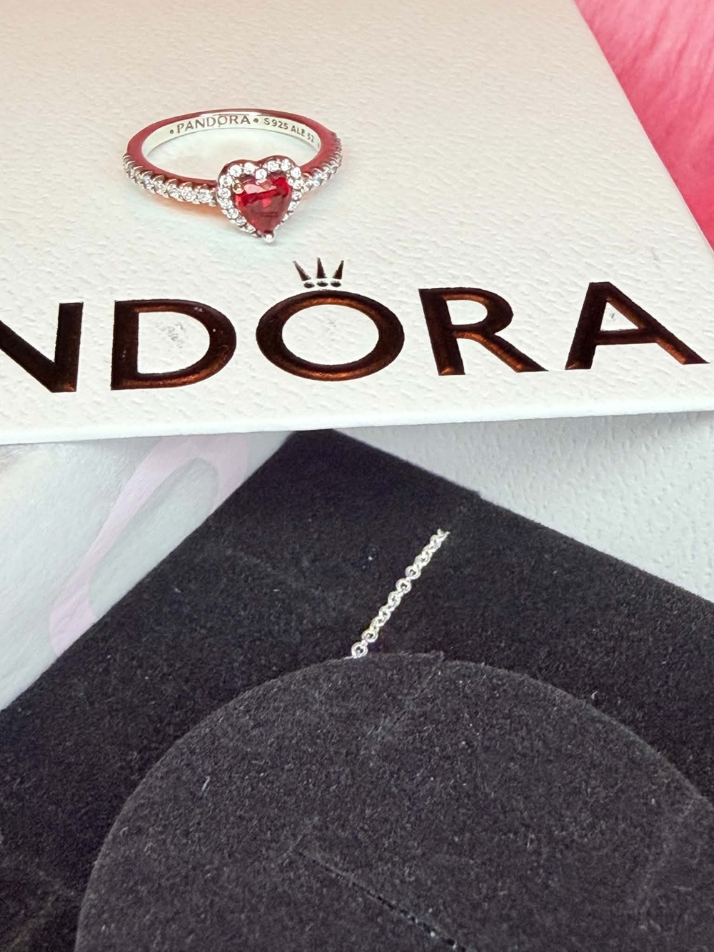 Pandora Silver Necklace, Ring & Earrings Set with Red Heart Stones - Picture 2 of 5